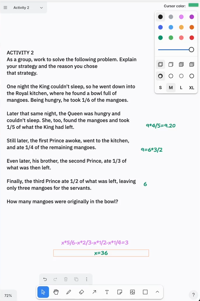 Zoomed view of collaborative whiteboard showing handwritten math annotations and problem-solving work