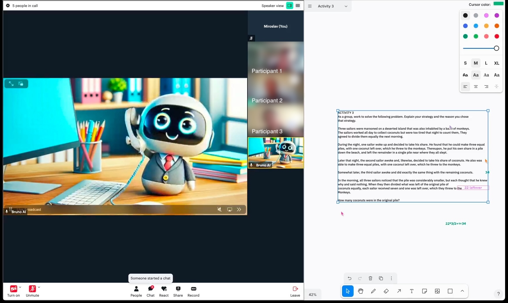 Bruno platform showing video conferencing with participants, AI agent avatar, chat, and collaborative whiteboard with math problem