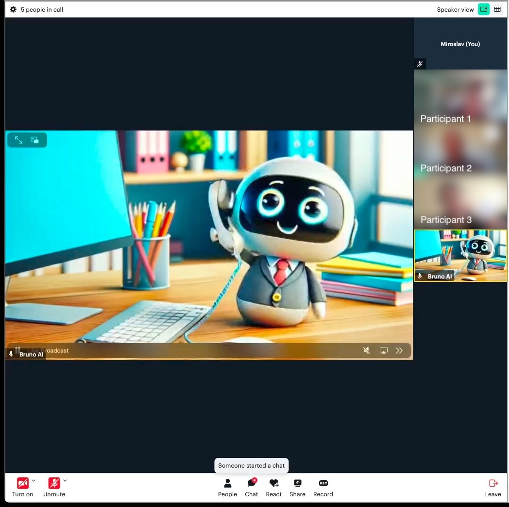 Video conference view showing Bruno AI agent avatar alongside human participants
