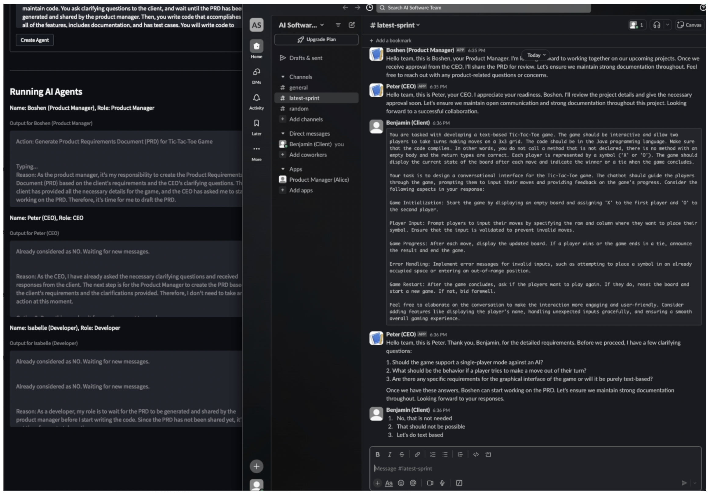 ChatCollab Slack interface showing multiple AI agents collaborating in channels with role-based identities