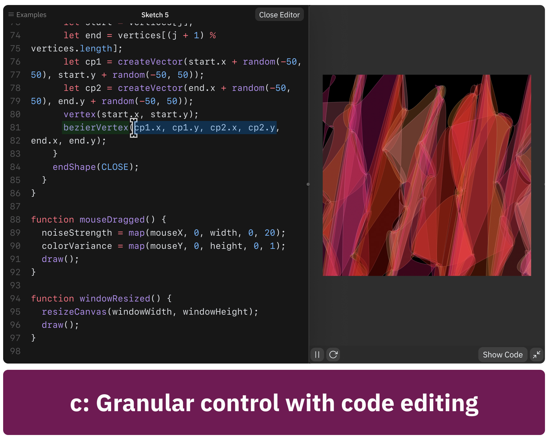 Spellburst code editor showing p5.js code alongside live generative art preview