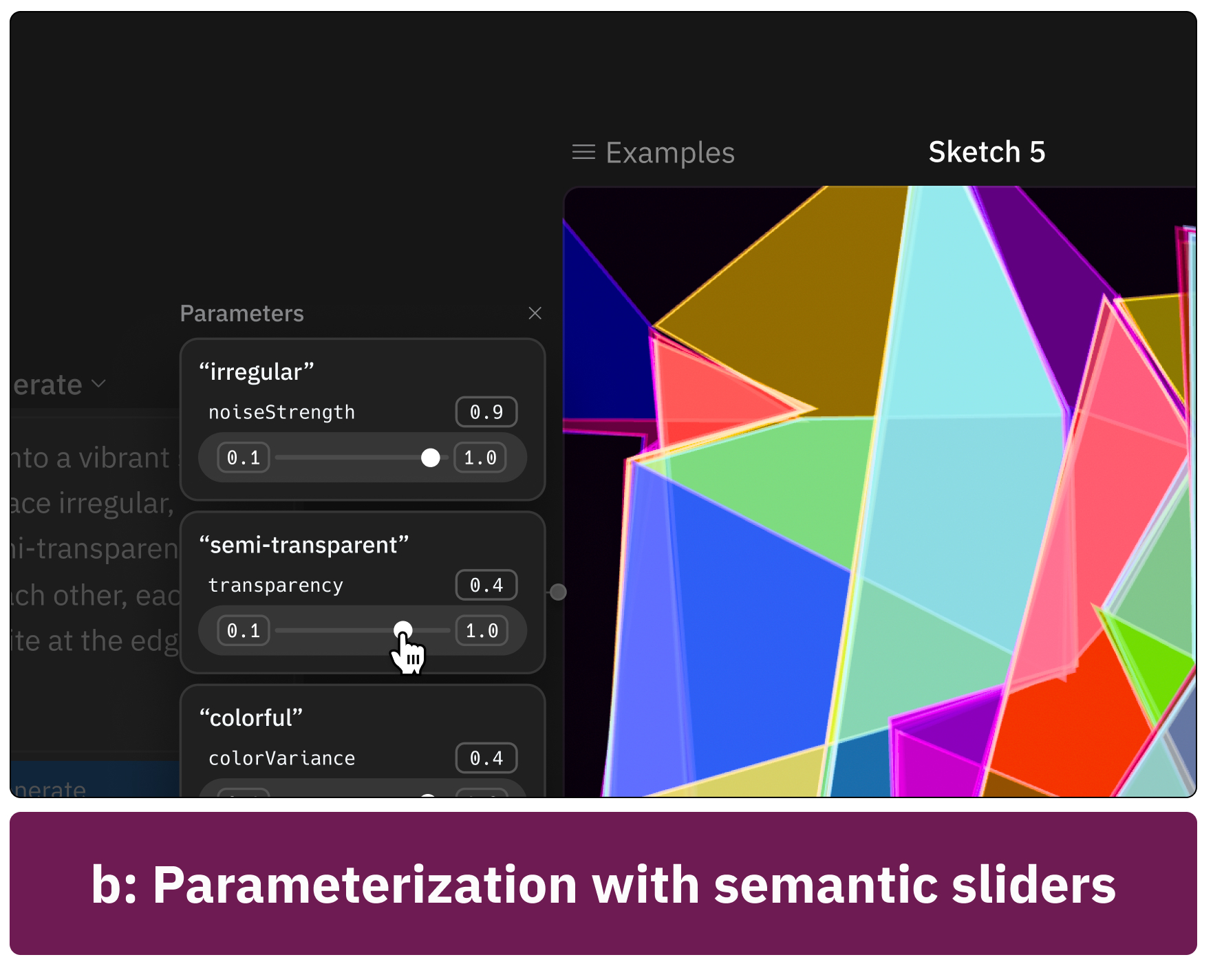 Spellburst semantic sliders for irregular, semi-transparent, and colorful parameters controlling generative art