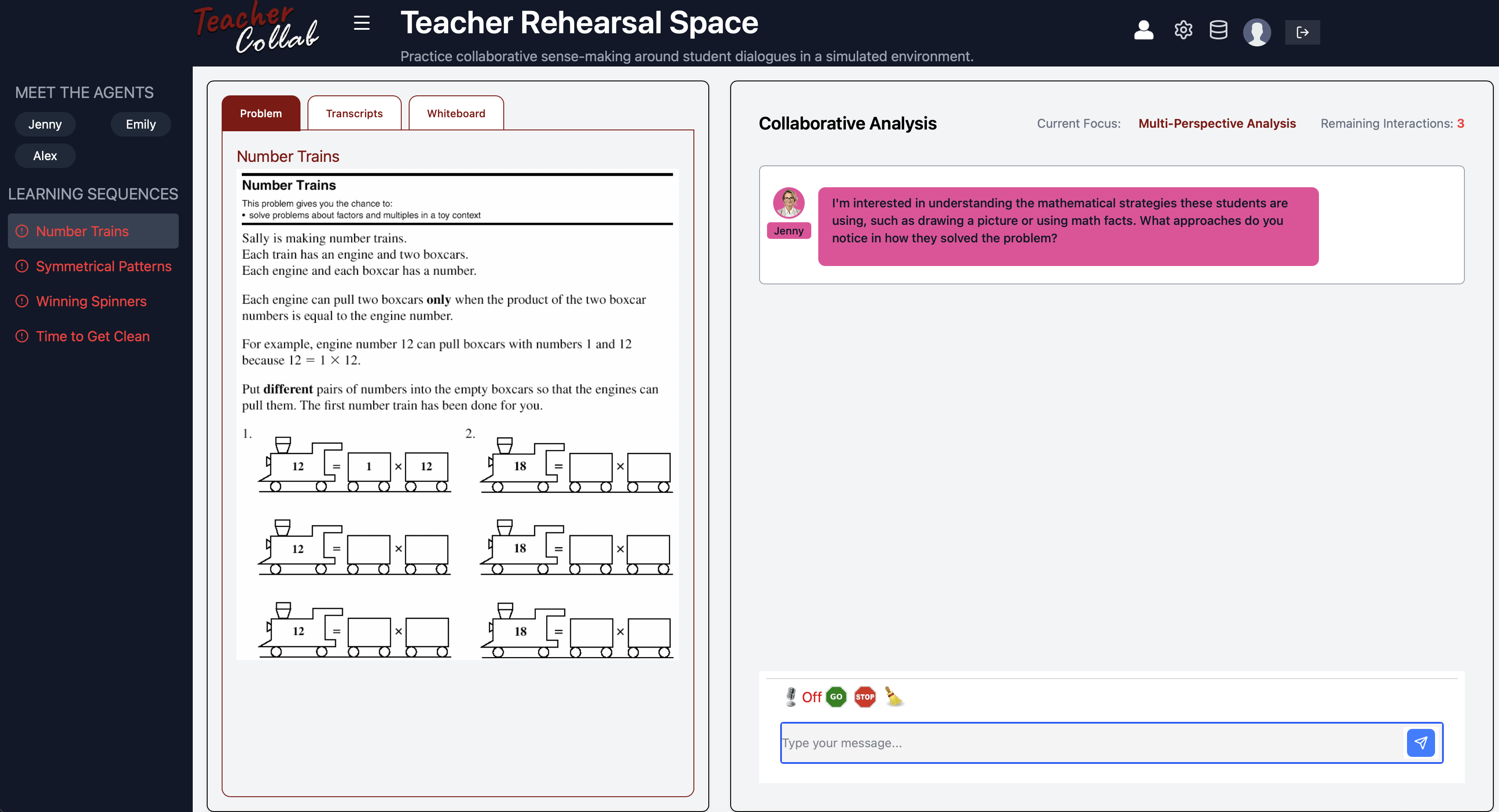 TeacherCollab interface showing student math work alongside collaborative analysis panel with AI teacher colleagues