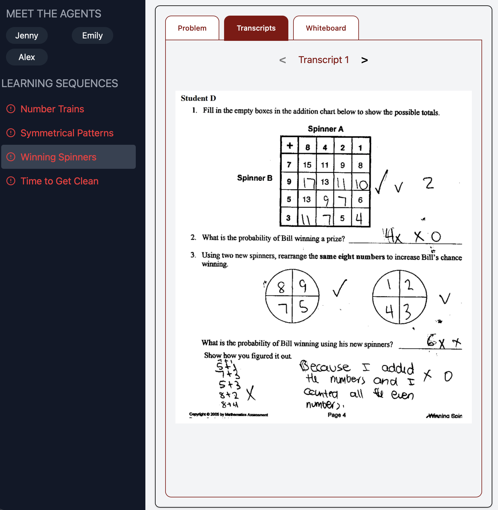 Transcripts view showing real handwritten student math work with check marks and corrections