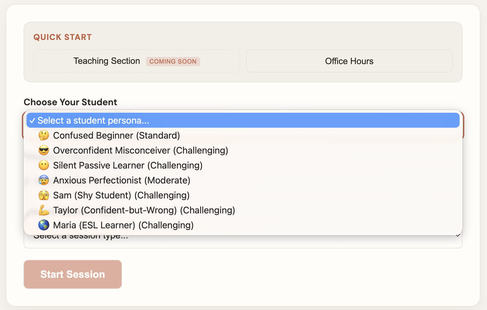 TeacherSim persona selector showing seven student types with difficulty levels