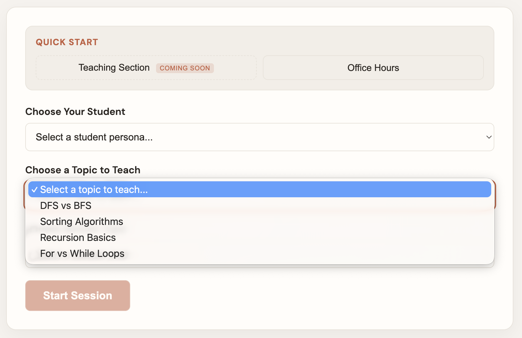 TeacherSim setup screen showing topic selection dropdown