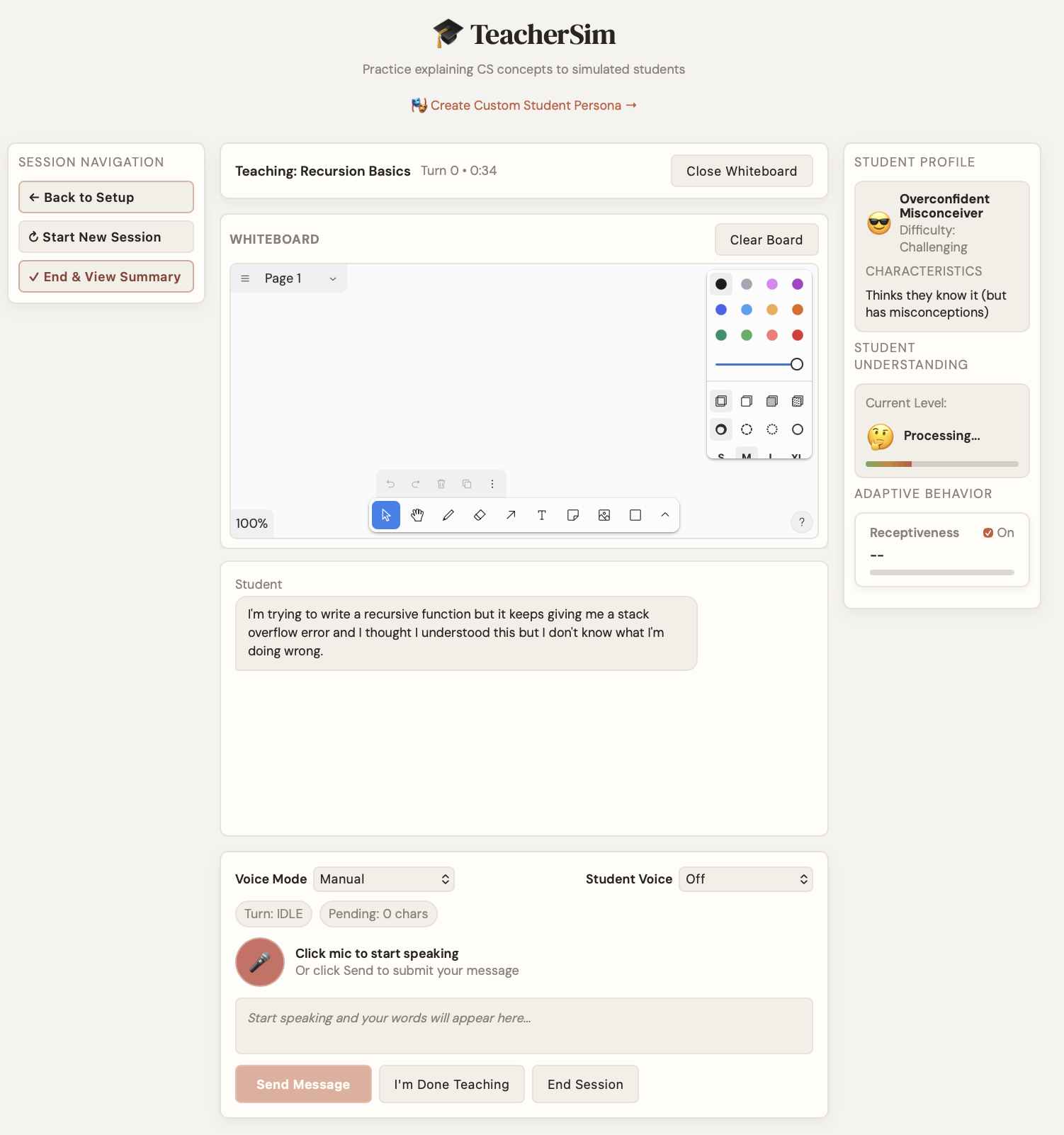TeacherSim full session UI showing whiteboard, student profile with confusion tracking, and voice controls