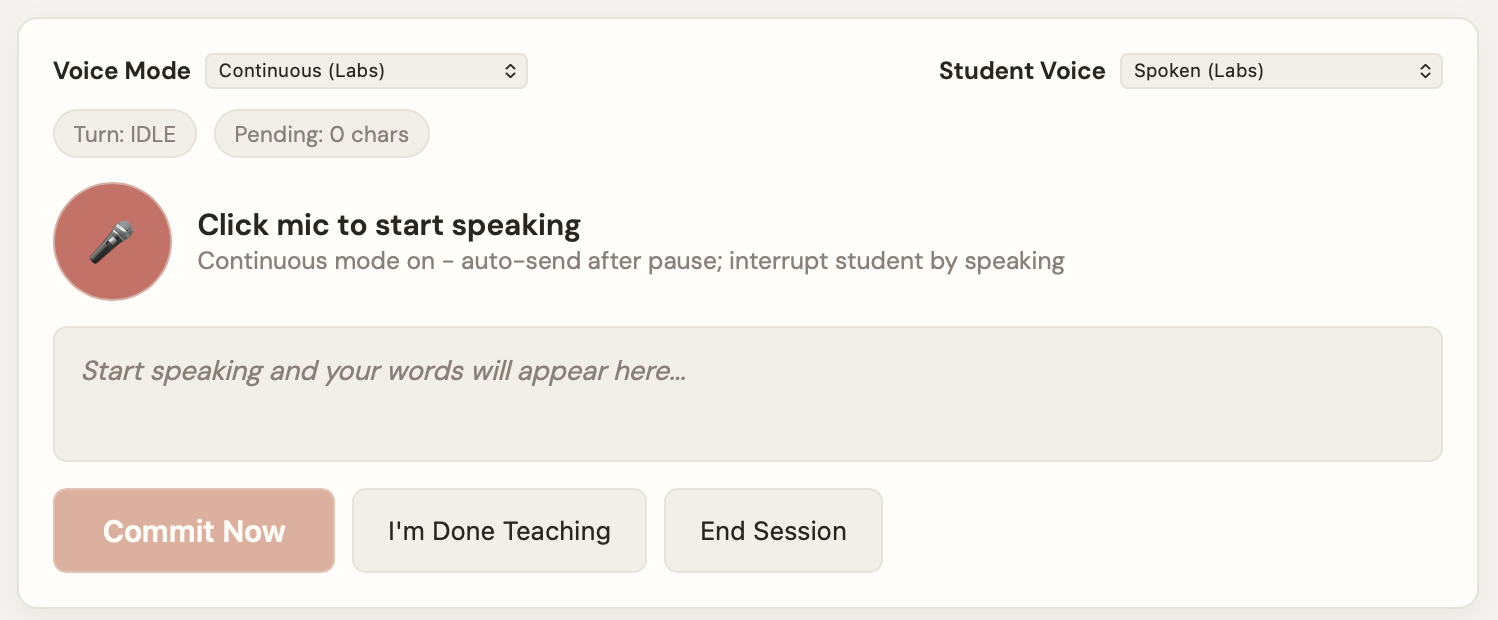 Voice controls showing continuous mode with auto-send and spoken student voice